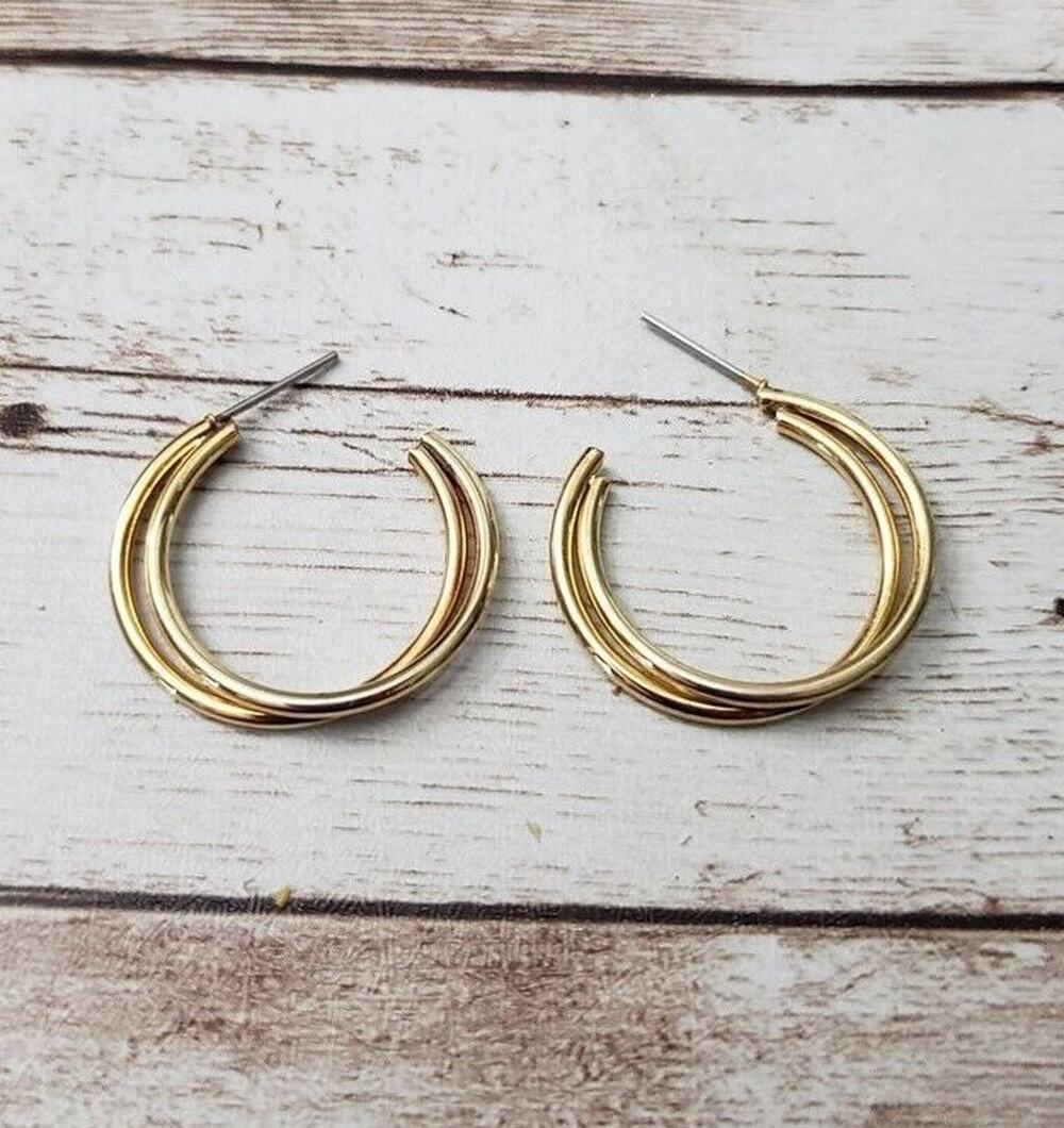 Vintage Earrings For Pierced Ears Gold Tone Double Hoop